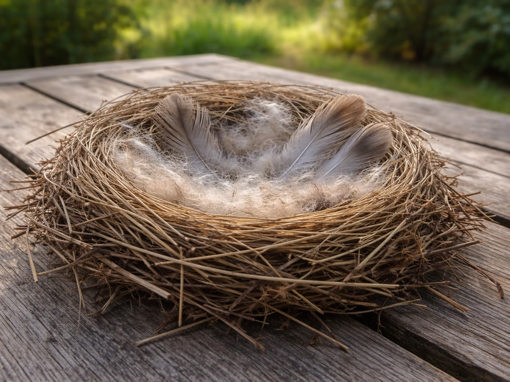 Layered bird nesting materials—twigs, dry grass, plant fluff, and soft feathers—on a wooden table outdoors.
