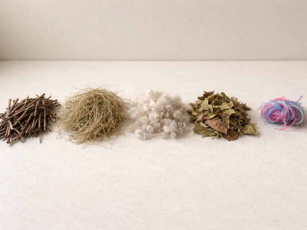 Side-by-side natural nesting materials: twigs, dry grass, plant fluff, leaves, with yarn as risky comparison.