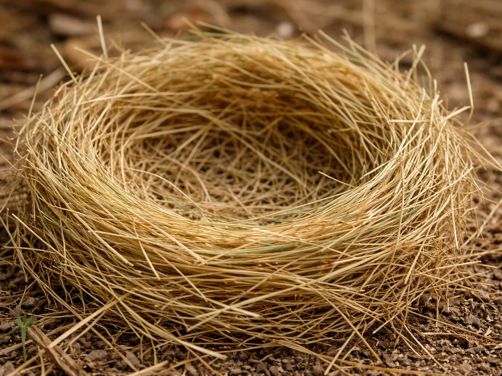 Close-up of fully dried, cut grass fibers loosely shaping a small nest cup