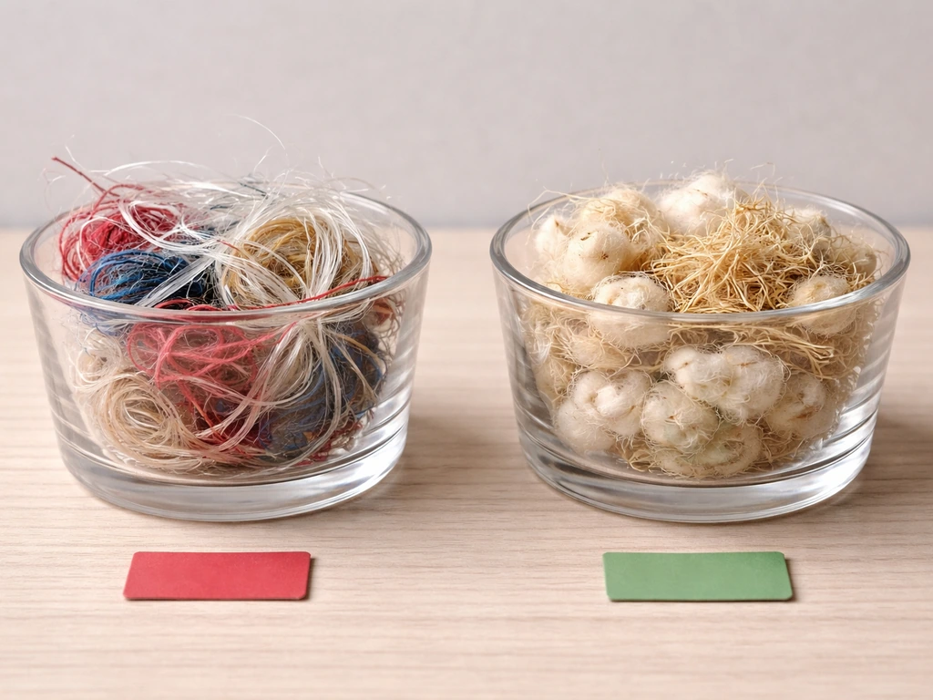 Split close-up of yarn and safe natural fibers in separate labeled containers, showing materials to avoid