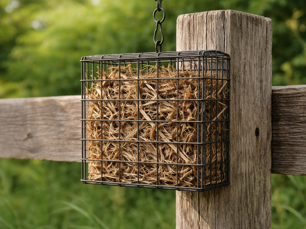 Clean wire-mesh suet cage with loose dry nesting material hanging from a fence post.
