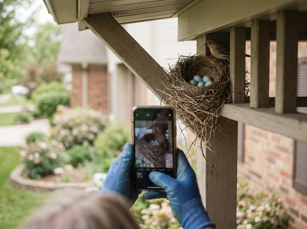 Close-up of a bird nest with eggs under a porch eave while a phone photographs it from a safe distance.