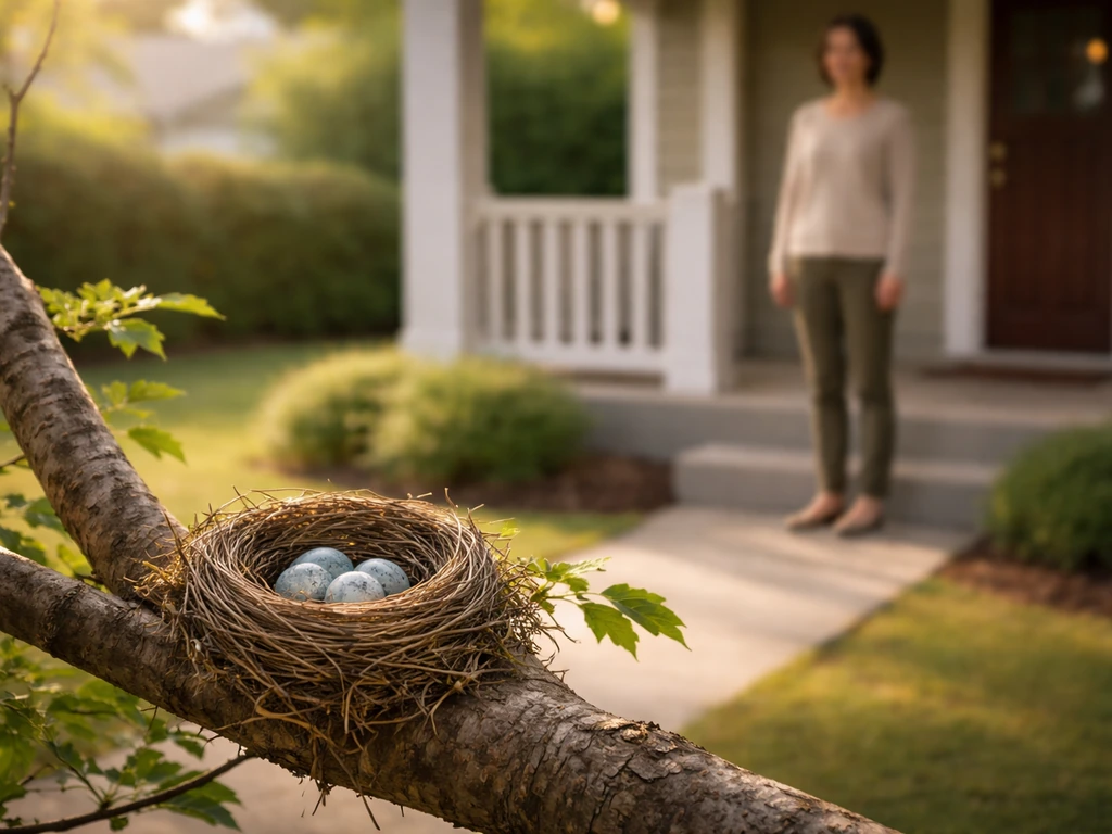 Homeowner safely observing a visible bird nest in the yard from a distance.