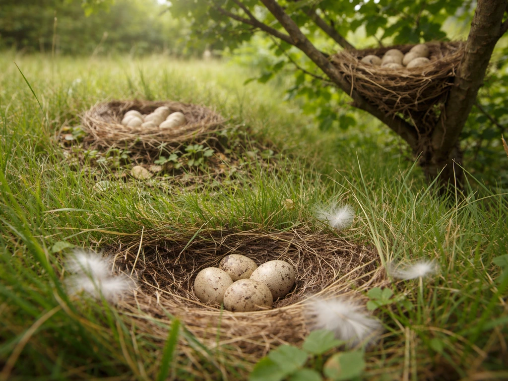 Close-up of three bird nest placements: ground scrape, surface bowl, and an elevated branch nest.