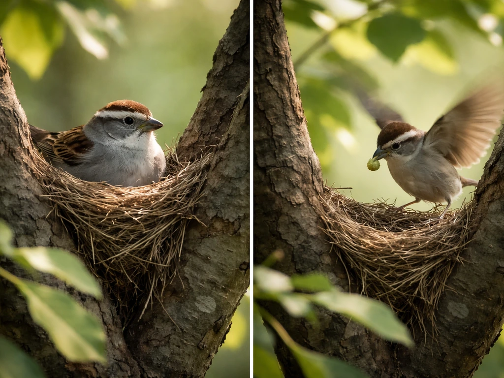 Adult bird incubating on a nest, with another bird arriving with food in a natural tree setting.