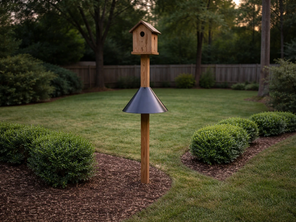 Backyard yard border and a nesting box on a pole with a cone baffle to prevent predators.