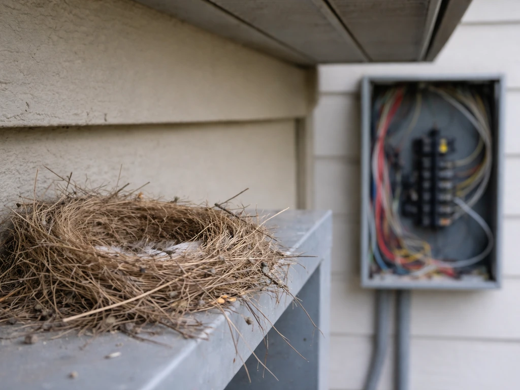 Close-up of an unfinished bird nest on a sheltered exterior beam near a doorway, with an exposed electric panel in backg
