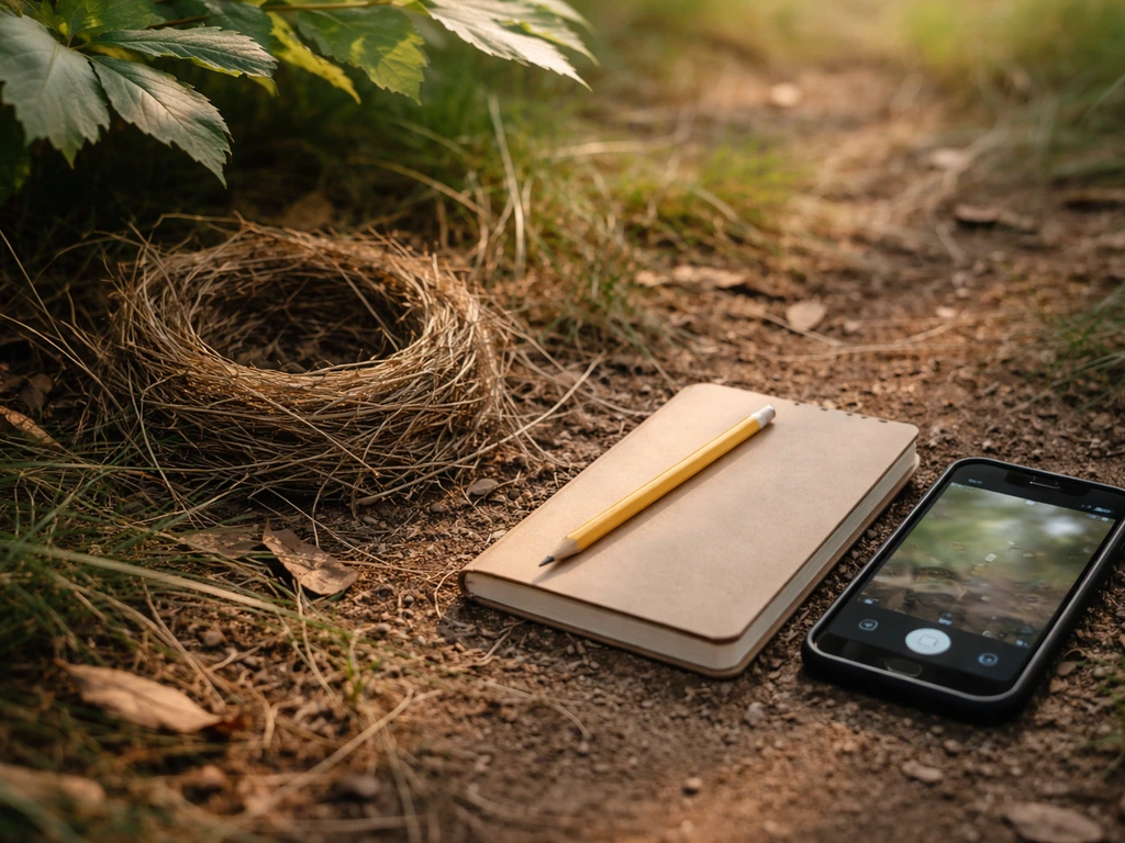 Notebook and smartphone beside a small bird nest on the ground, documenting observations before investigating.