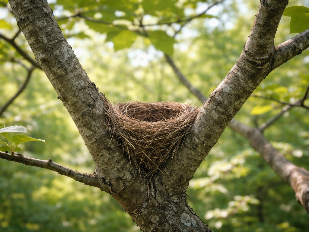 Minimal outdoor photo showing a small nest on a high tree branch fork in soft morning light.