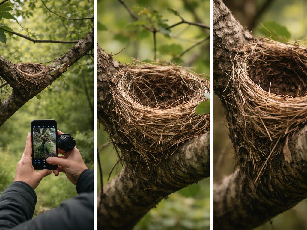 Tree nest documented safely: distant wide view and close views of materials and attachment point without touching.