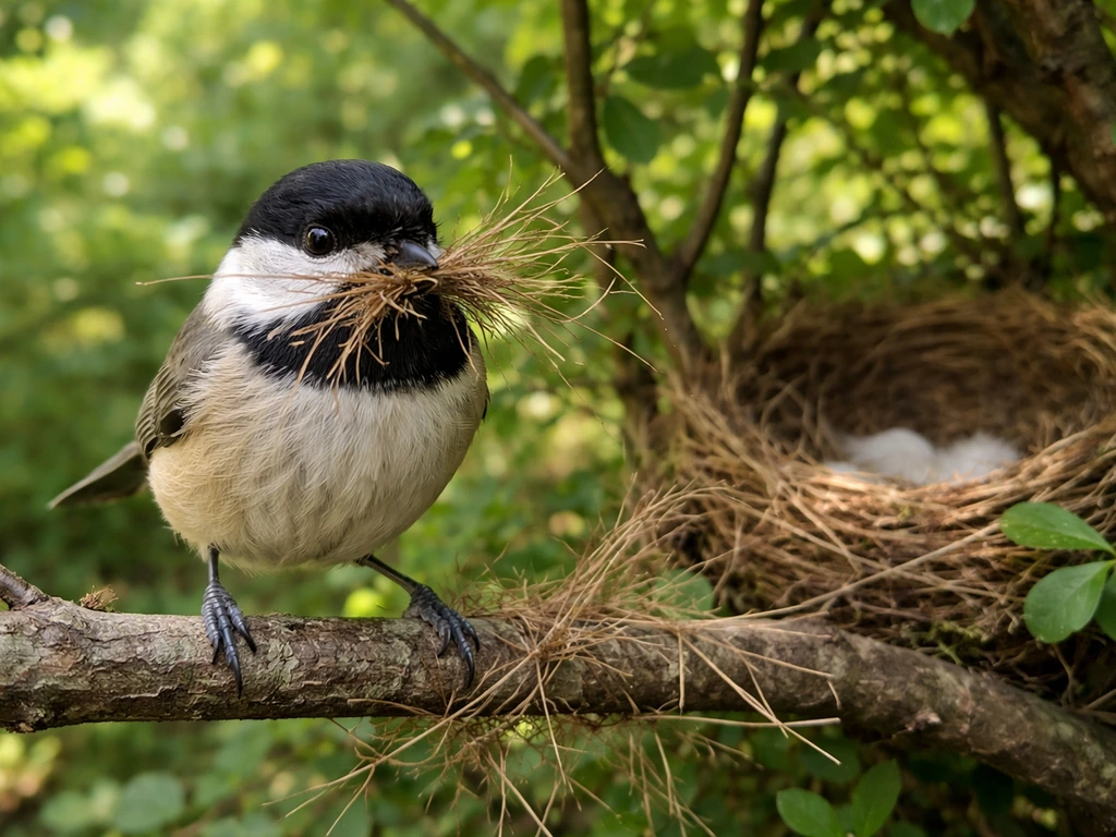 A small bird gathers natural nesting material beside safe habitat foliage, no human handling.