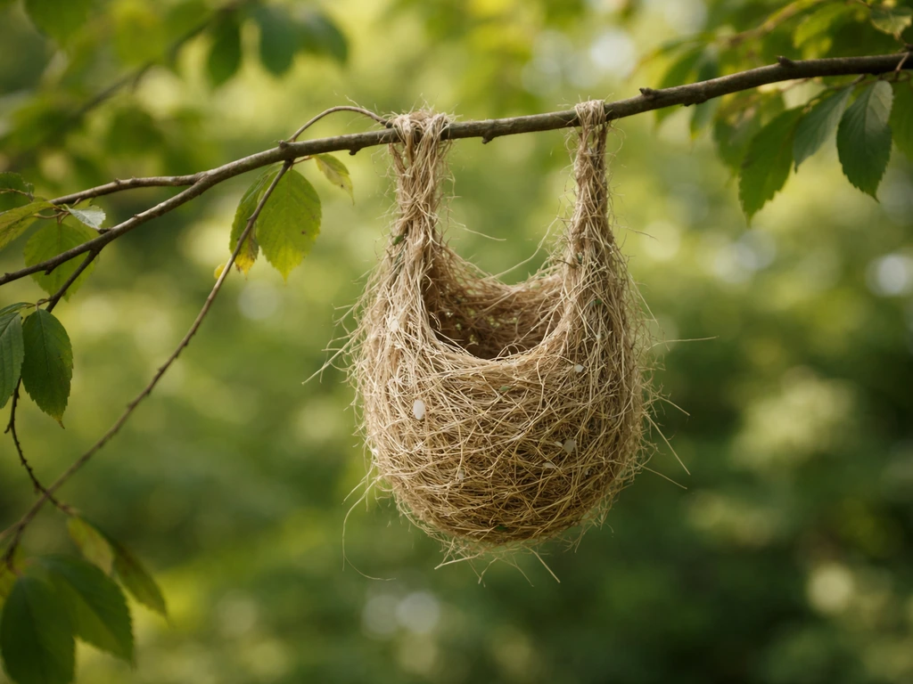 Close-up of a small woven pendulous nest hanging from a drooping tree branch in soft daylight.