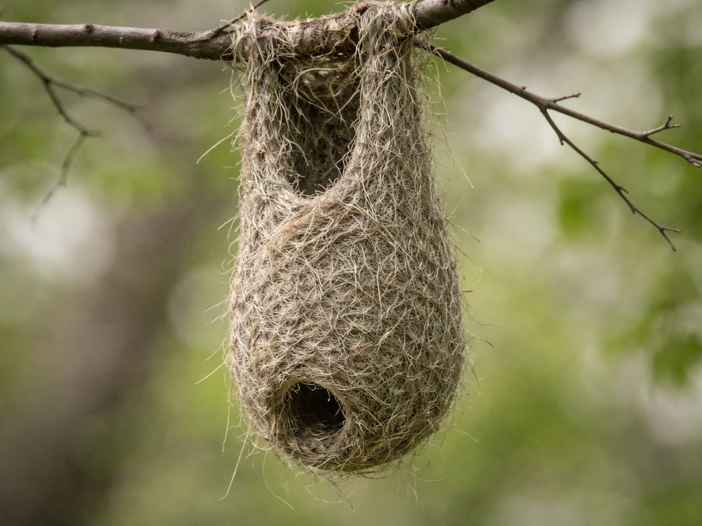 Close-up of a hanging, woven Baltimore Oriole nest with sock-like pendulous shape from a tree branch.
