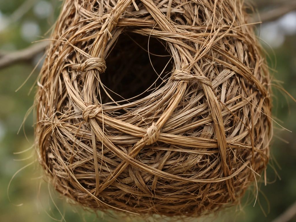 Close-up of a hanging bird nest weave with looped, knotted, and tucked fibers in soft natural light.