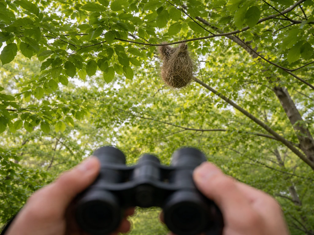 Binocular view from a distance of a Baltimore Oriole nest tucked in a tree branch.